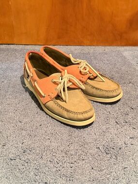 Women's Sebago Docksides Two-Tone Suede Boat Shoes - Coral and Tan